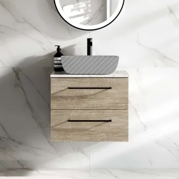 Elba Dawn Oak Wall Hung Drawer 600mm Excludes Counter Top Basin - Black Accents