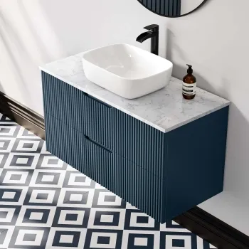 Crete Fluted Navy Blue Wall Hung Drawer Vanity with Marble Top & Curved Basin 1000mm