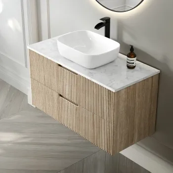 Crete Fluted Apex Oak Wall Hung Drawer Vanity with Marble Top & Curved Basin 1000mm