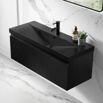 Malta Fluted Matt Black Wall Hung Drawer Vanity with Matt Black Basin 1000mm