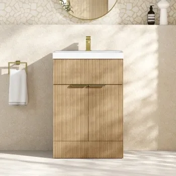 Havana Fluted Country Oak Basin Vanity 600mm - Brushed Brass Accents