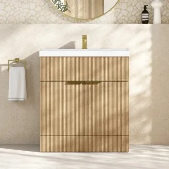 Havana Fluted Country Oak Basin Vanity 800mm - Brushed Brass Accents