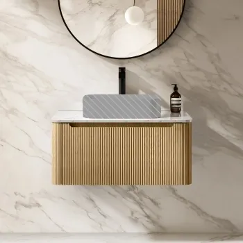 Sorrento Fluted Country Oak Wall Hung Drawer Vanity with Marble Top 800mm - Excludes Counter Top Basin