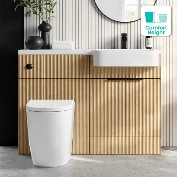Sicily Fluted Country Oak Combination Vanity Basin and Utah Comfort Height Toilet 1200mm - Black Accents - Right Handed