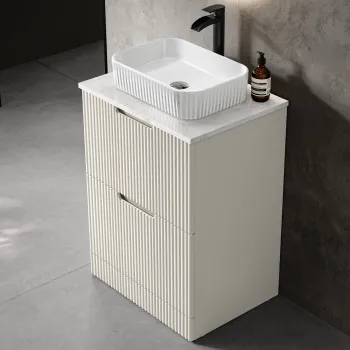Crete Fluted Linen White Vanity Drawer with Marble Top & Reno Basin 600mm