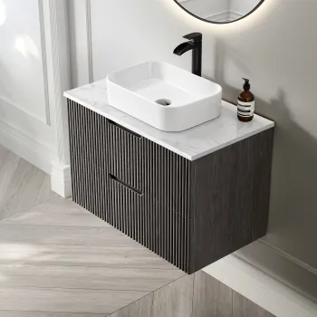 Crete Fluted Charcoal Elm Wall Hung Drawer Vanity with Marble Top & Marin Basin 800mm