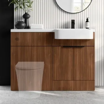 Sicily Fluted Black Walnut Basin Vanity and Back To Wall Toilet Unit 1200mm (Excludes Toilet) - Black Accents - Right Handed