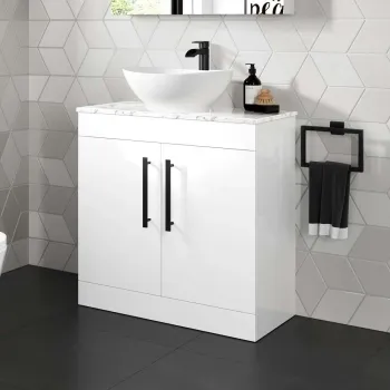 Avon Gloss White Vanity with Marble Top & Oval Counter Top Basin 800mm - Black Accents