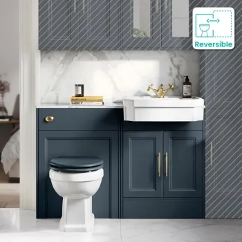 Monaco Inky Blue Combination Vanity Traditional Basin with Marble Top & Hudson Toilet with Wooden Seat 1200mm - Brass Knurled Handles