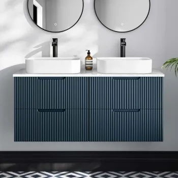 Crete Fluted Navy Blue Double Wall Hung Drawer Vanity with Marble Top & Marin Basin 1200mm