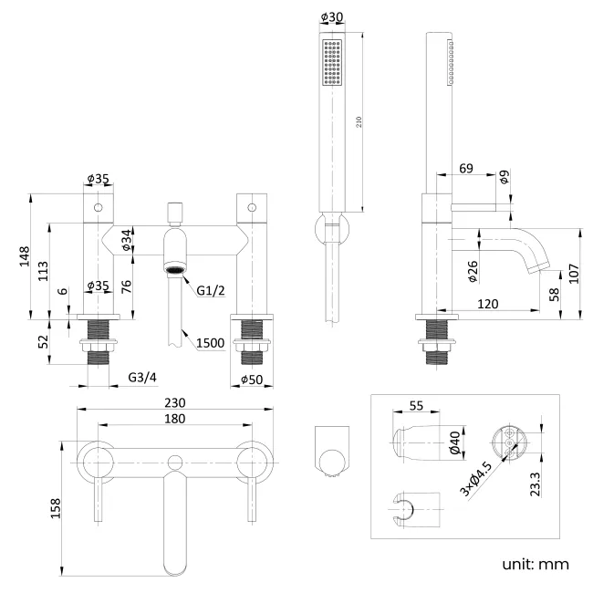 Selma Brushed Brass Bath Filler & Handheld Shower