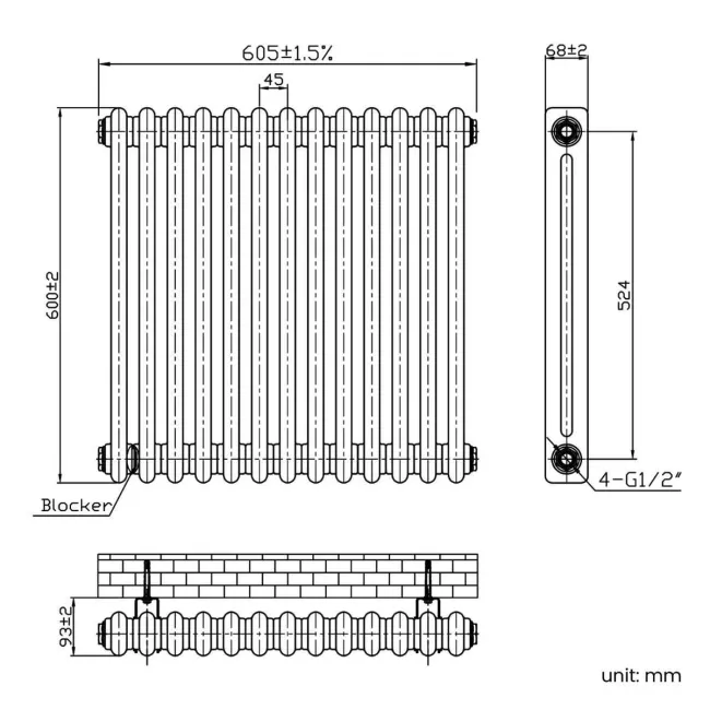 Athens Antique Gold Double Column Horizontal Traditional Radiator 600x605mm