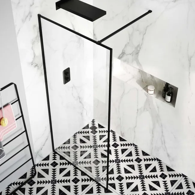 Munich Matt Black Framed Easy Clean 8mm Wet Room Shower Glass Panel 1100mm