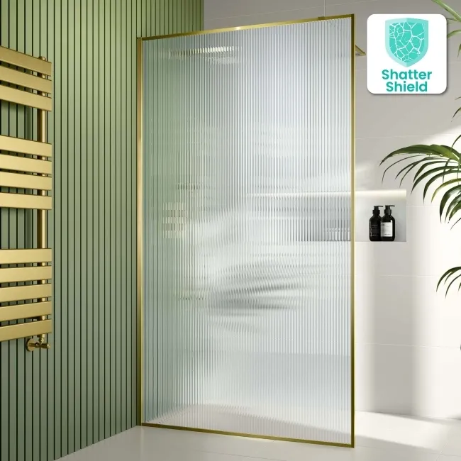 Munich Fluted Effect Brushed Brass Easy Clean 8mm Wet Room Shower Glass Panel 1100mm
