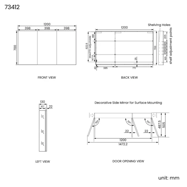 Esme Matt Black Recessed Mirror Cabinet 700x1200mm