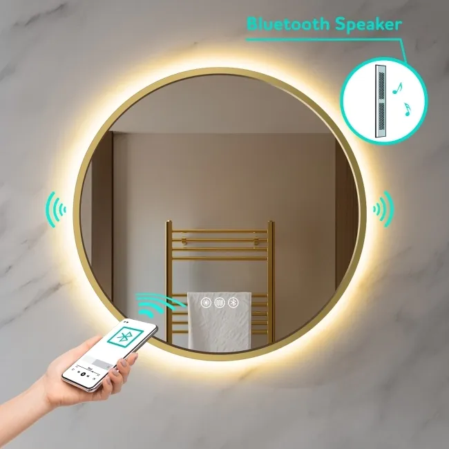 Delilah Brushed Brass Round Backlit LED Mirror With BLUETOOTH Speaker 600mm