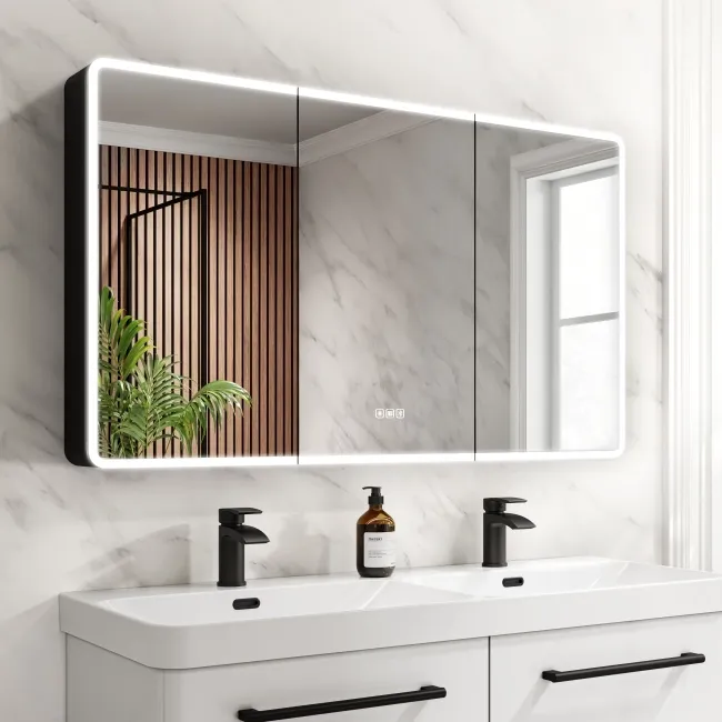 Aurora Matt Black Illuminated LED Mirror Cabinet With BLUETOOTH Speaker 700x1200mm