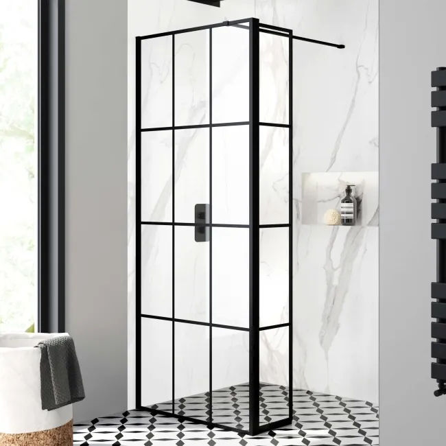 Munich Matt Black Grid 8mm Wet Room Shower Glass 800mm & 250mm Pivotal Return Panel
