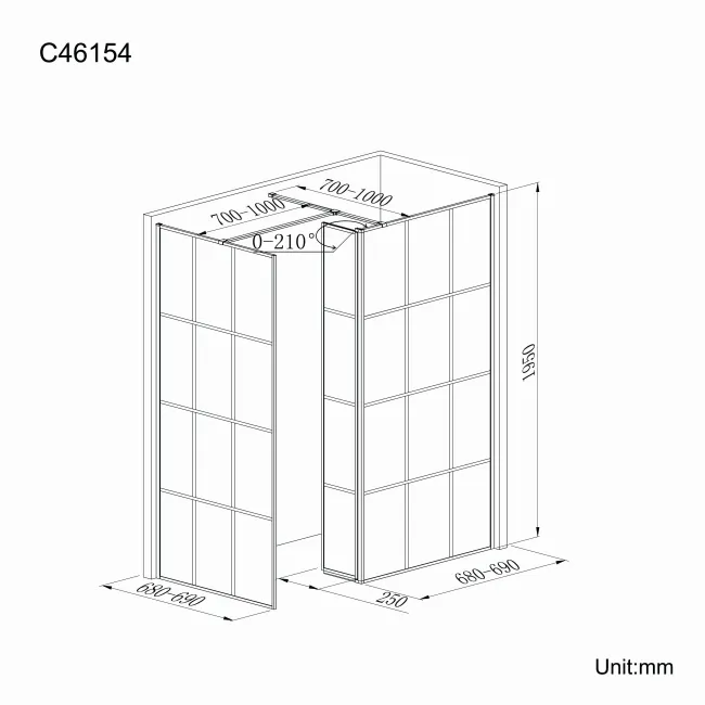 Munich Matt Black Grid 8mm Walk In Shower Enclosure 700mm & 700mm Glass with Pivotal Return Panel