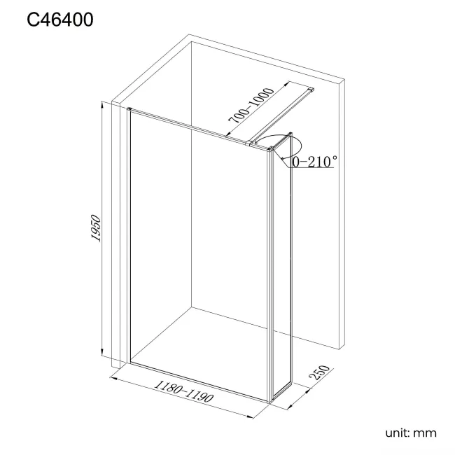 Munich Brushed Brass Framed 8mm Wet Room Shower Glass 1200mm & 250mm Pivotal Return Panel