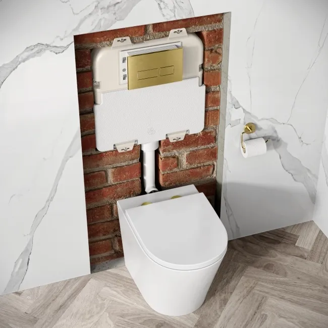 Idaho Pneumatic Concealed Cistern with Brushed Brass Flush Plate - Square Buttons
