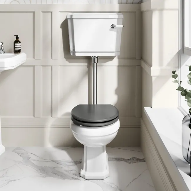 Hudson Traditional Low-Level Toilet With Graphite Grey Seat & Pedestal Basin - Double Tap Hole