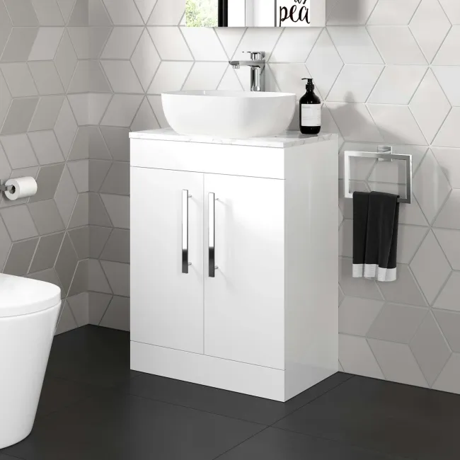 Avon Gloss White Vanity with Marble Top & Curved Counter Top Basin 600mm