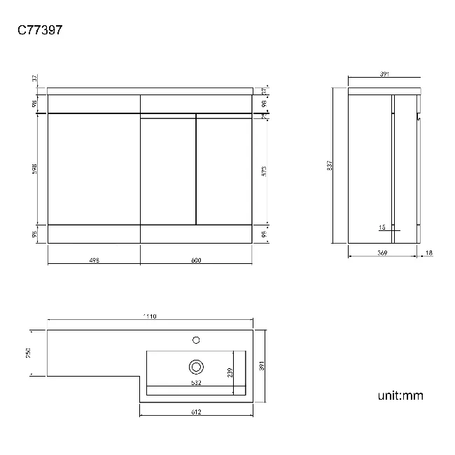 Trent Stone Grey Basin Vanity and Back To Wall Unit 1100mm - Right Handed