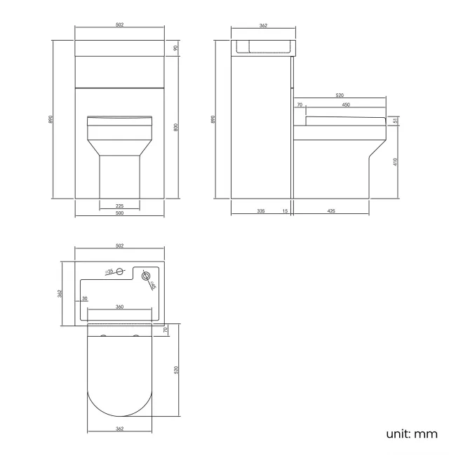 Ohio Gloss White 2-In-1 Combined Wash Basin & Denver Toilet 500mm