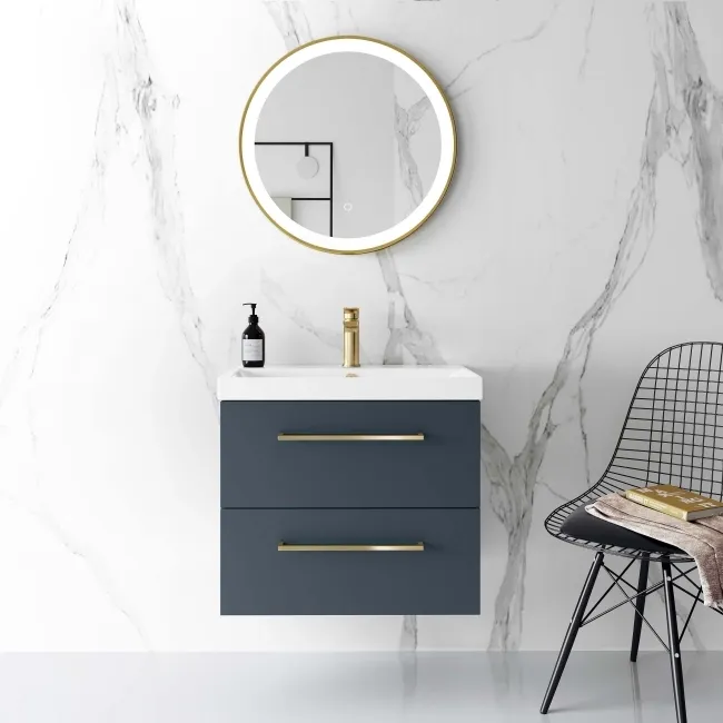 Elba Inky Blue Wall Hung Basin Drawer Vanity 600mm - Brushed Brass Accents