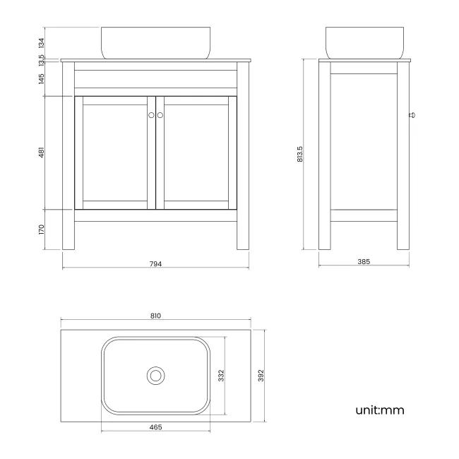 Bermuda Chalk White Vanity with Marble Top & Curved Counter Top Basin 800mm - Brushed Brass Accents
