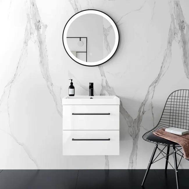 Elba Gloss White Wall Hung Basin Drawer Vanity 500mm - Black Accents