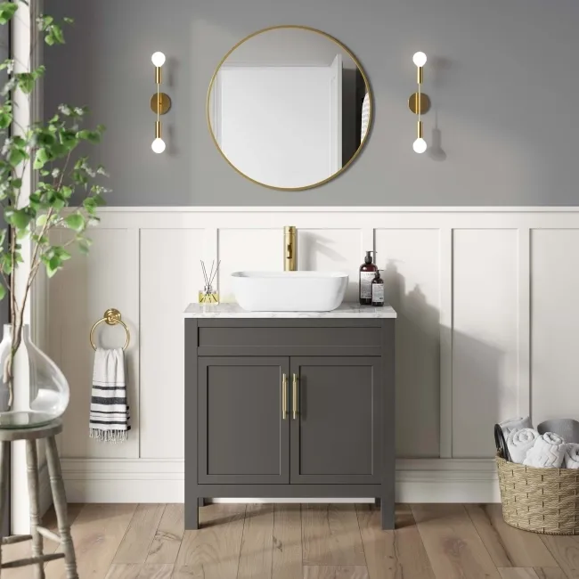 Bermuda Graphite Grey Vanity with Marble Top & Curved Counter Top Basin 800mm - Brass Knurled Handles