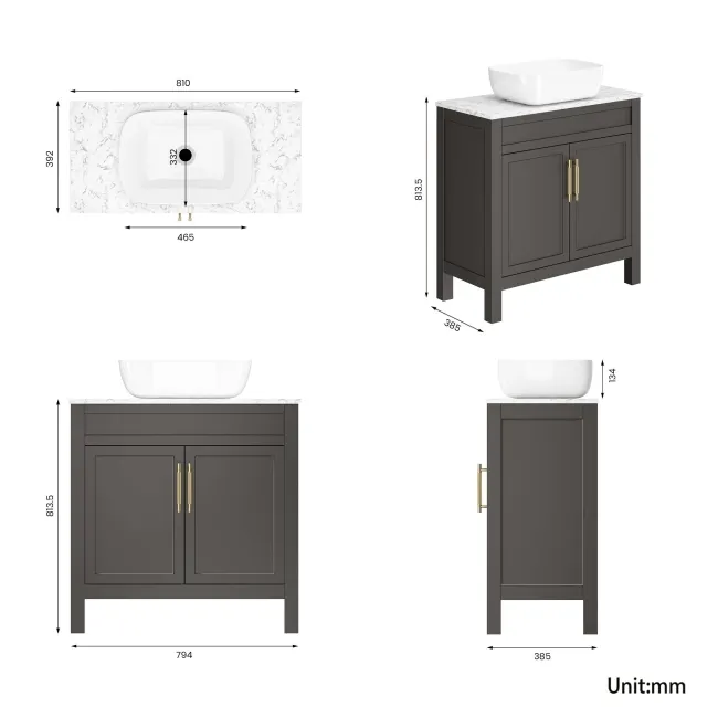 Bermuda Graphite Grey Vanity with Marble Top & Curved Counter Top Basin 800mm - Brass Knurled Handles