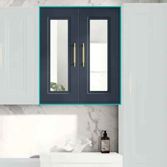 Inky Blue Wall Hung Mirror Cabinet 700x600mm - Brass Knurled Handles
