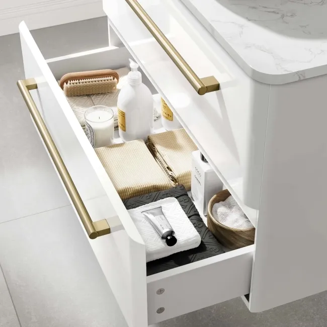 Omaha Gloss White Wall Hung Drawer Vanity with Marble Top & Curved Counter Top Basin 800mm - Brushed Brass Accents