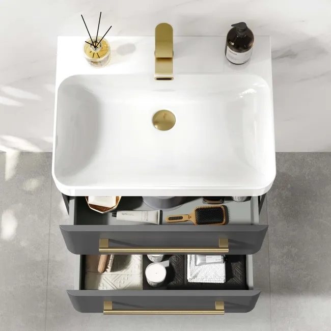 Omaha Slate Grey Wall Hung Basin Drawer Vanity 600mm - Brushed Brass Accents