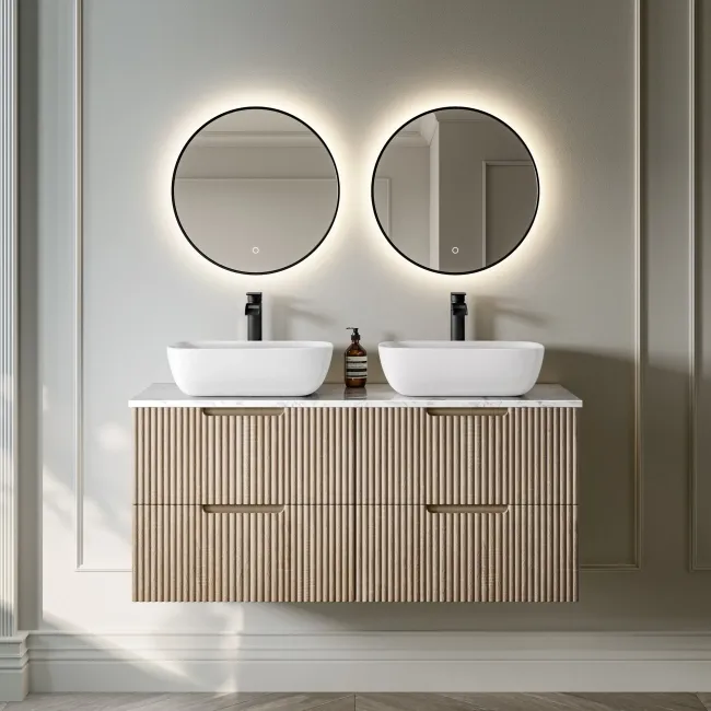Crete Fluted Apex Oak Double Wall Hung Drawer Vanity with Marble Top & Curved Basin 1200mm