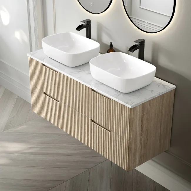 Crete Fluted Apex Oak Double Wall Hung Drawer Vanity with Marble Top & Curved Basin 1200mm
