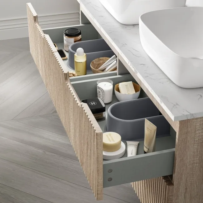 Crete Fluted Apex Oak Double Wall Hung Drawer Vanity with Marble Top & Curved Basin 1200mm