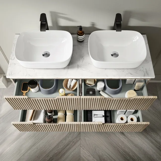 Crete Fluted Apex Oak Double Wall Hung Drawer Vanity with Marble Top & Curved Basin 1200mm