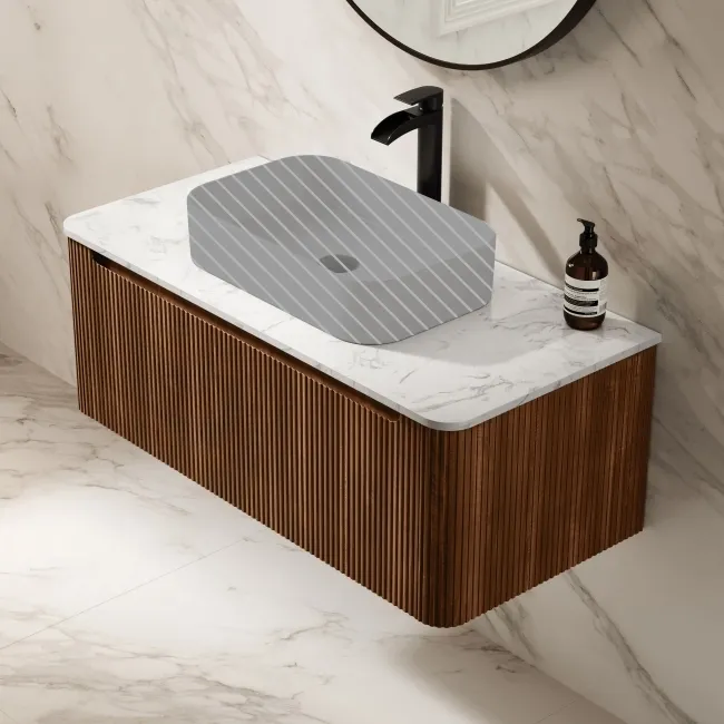 Sorrento Fluted Black Walnut Wall Hung Drawer Vanity with Marble Top 1000mm - Excludes Counter Top Basin