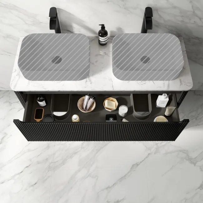 Sorrento Fluted Matt Black Double Wall Hung Drawer Vanity with Marble Top 1200mm - Excludes Counter Top Basin
