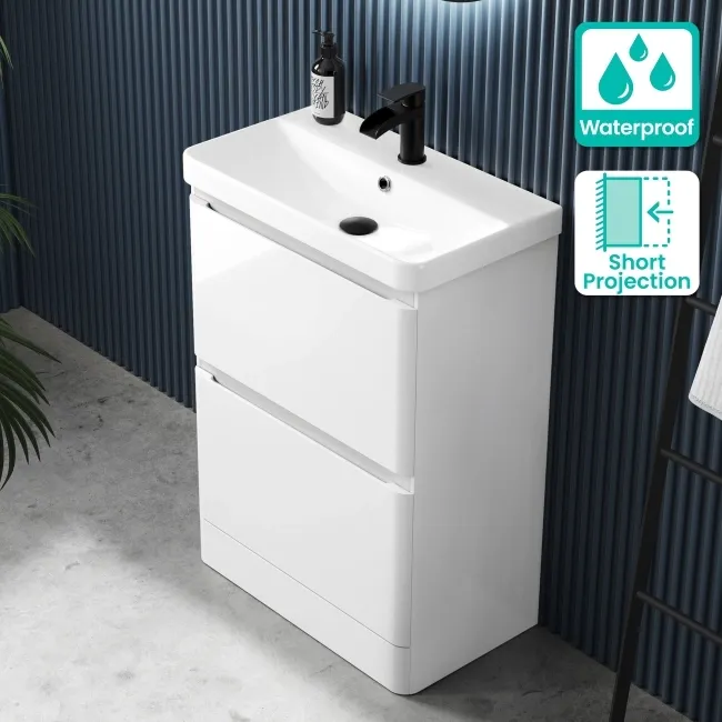 100% Waterproof - Corsica Gloss White PVC Slimline Basin Drawer Vanity 600mm