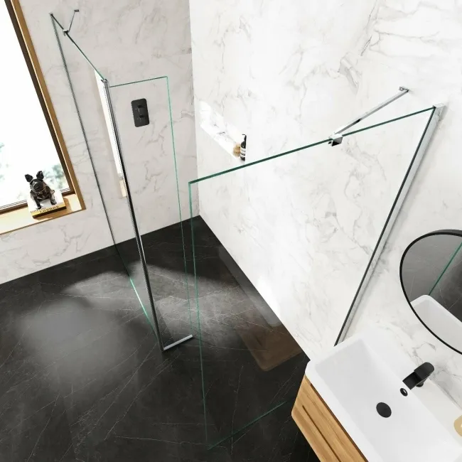 Copenhagen Easy Clean 8mm Walk In Shower Enclosure 1200mm & 900mm Glass with Pivotal Return Panel