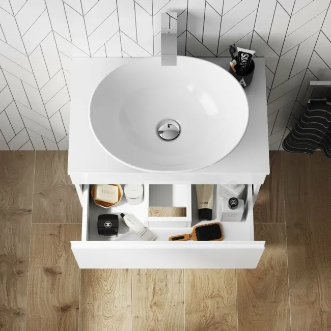 Trent Gloss White Wall Hung Drawer Vanity with Oval Counter Top Basin 600mm