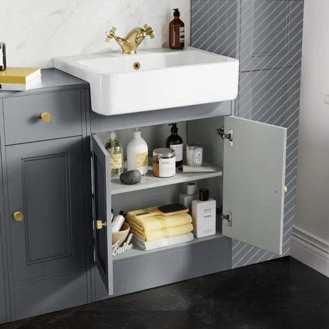 Monaco Dove Grey Combination Vanity Basin 1500mm (Excludes Pan & Cistern) - Brushed Brass Accents