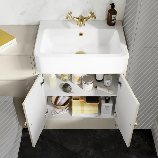 Monaco Chalk White Basin Vanity and Back To Wall Toilet Unit 1200mm (Excludes Pan & Cistern) - Brushed Brass Accents