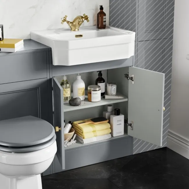Monaco Dove Grey Combination Vanity Traditional Basin and Hudson Toilet with Wooden Seat 1200mm - Brushed Brass Accents