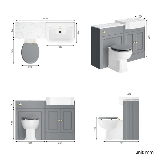 Monaco Dove Grey Combination Vanity Traditional Basin with Marble Top & Hudson Toilet with Wooden Seat 1200mm - Brushed Brass Accents